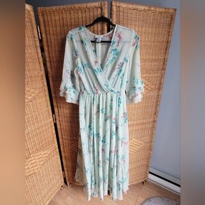 Light Mint Floral Wrap Maxi Dress with Flutter Sleeves